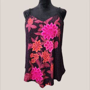 Bealls Black Tankini Top with Pink + Orange Flowers  | Swimsuit Swim Shirt